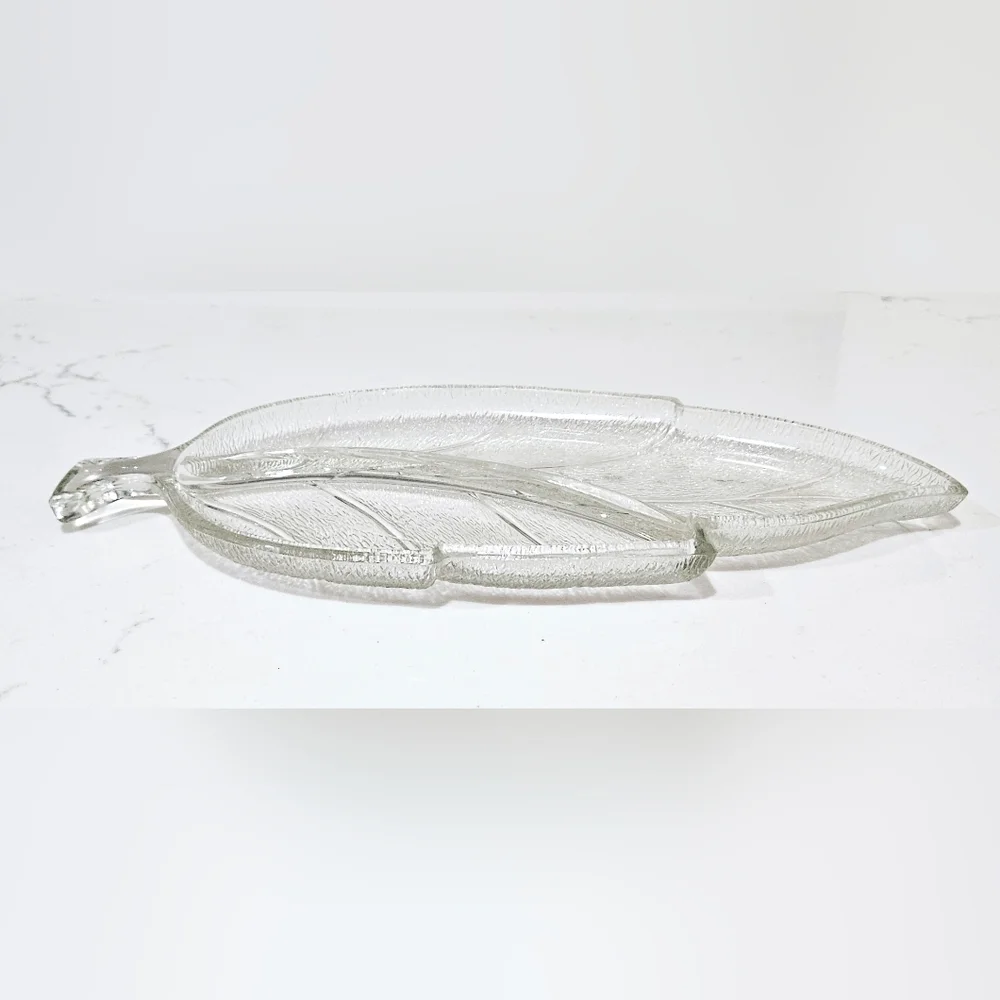 Vintage Hazel Atlas Textured Leaf Glass Divided Serving Dish
